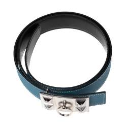 Pre Owned Hermes Bleu Jean/Black Chamonix and Togo Leather Collier De Chien Reversible Belt 85CM