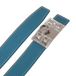 Pre Owned Hermes Bleu Jean/Black Chamonix and Togo Leather Collier De Chien Reversible Belt 85CM