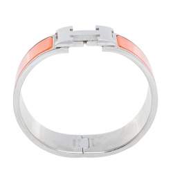 Pre Owned Hermes Clic Clac H Orange Enamel Palladium Plated Wide Bracelet PM