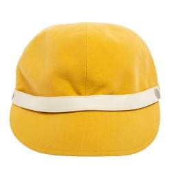 Pre Owned Hermes Yellow Cotton & Linen Leather Strip Detail Cap Size 56