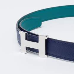Pre Owned Hermes Blue Malachite/Menthe Epsom and Swift Leather Mini Constance Reversible Belt 75CM
