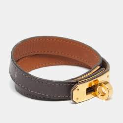 Pre Owned Hermès Brown Leather Gold Plated Kelly Double Tour Wrap Bracelet M