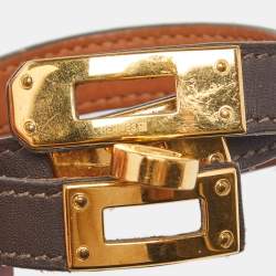 Pre Owned Hermès Brown Leather Gold Plated Kelly Double Tour Wrap Bracelet M