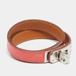 Hermès Coral Red Palladium Plated Kelly Double Tour Wrap Bracelet M