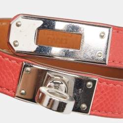 Hermès Coral Red Palladium Plated Kelly Double Tour Wrap Bracelet M