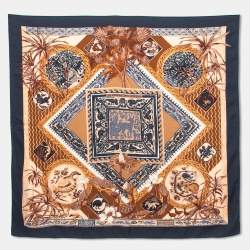 Pre Owned Hermès Brown & Blue Le Jardin Des Coptes Cashmere Silk Scarf