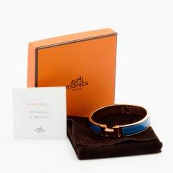 Pre Owned Hermès Clic H Blue Enamel Rose Gold Plated Narrow Bracelet