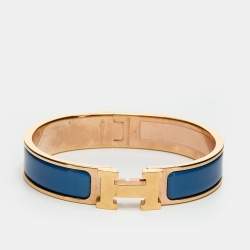 Pre Owned Hermès Clic H Blue Enamel Rose Gold Plated Narrow Bracelet