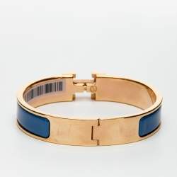 Pre Owned Hermès Clic H Blue Enamel Rose Gold Plated Narrow Bracelet