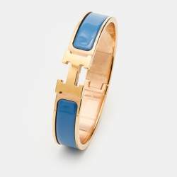Pre Owned Hermès Clic H Blue Enamel Rose Gold Plated Narrow Bracelet