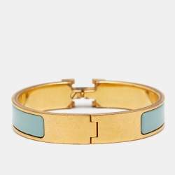 Pre Owned Hermès Clic H Aqua Blue Enamel Gold Plated Narrow Bracelet