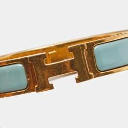 Pre Owned Hermès Clic H Aqua Blue Enamel Gold Plated Narrow Bracelet
