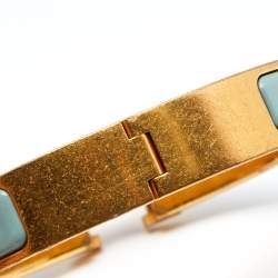 Pre Owned Hermès Clic H Aqua Blue Enamel Gold Plated Narrow Bracelet