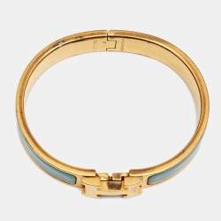 Pre Owned Hermès Clic H Aqua Blue Enamel Gold Plated Narrow Bracelet