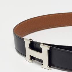 Pre Owned Hermes Black/Gold Box and Togo Leather H Buckle Reversible Belt 85CM