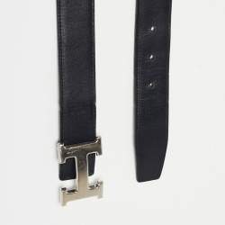 Pre Owned Hermes Black/Gold Box and Togo Leather H Buckle Reversible Belt 85CM