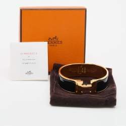 Pre Owned Hermès Clic Clac H Black Enamel Gold Plated Wide Bracelet