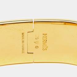 Pre Owned Hermès Clic Clac H Black Enamel Gold Plated Wide Bracelet