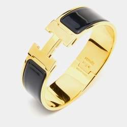 Pre Owned Hermès Clic Clac H Black Enamel Gold Plated Wide Bracelet