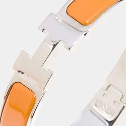 Pre Owned Hermès Clic H Orange Enamel Palladium Plated Narrow Bracelet