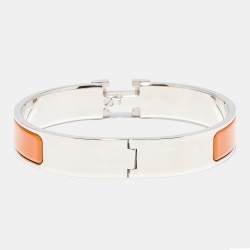 Pre Owned Hermès Clic H Orange Enamel Palladium Plated Narrow Bracelet