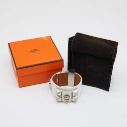 Pre Owned Hermès White Leather Palladium Plated Collier de Chien Bracelet T2