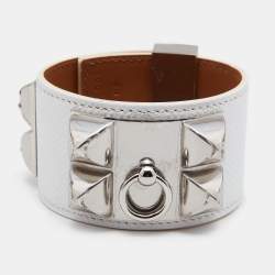 Pre Owned Hermès White Leather Palladium Plated Collier de Chien Bracelet T2