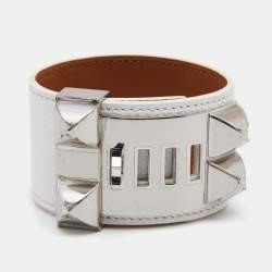 Pre Owned Hermès White Leather Palladium Plated Collier de Chien Bracelet T2