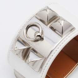 Pre Owned Hermès White Leather Palladium Plated Collier de Chien Bracelet T2