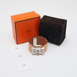 Pre Owned Hermès Cream Leather Palladium Plated Collier de Chien Bracelet