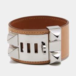 Pre Owned Hermès Cream Leather Palladium Plated Collier de Chien Bracelet