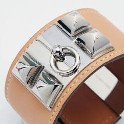 Pre Owned Hermès Cream Leather Palladium Plated Collier de Chien Bracelet