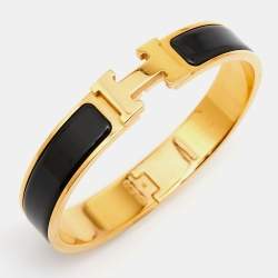 Pre Owned Hermes Clic H Black Enamel Gold Tone Metal Bracelet PM