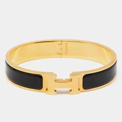 Pre Owned Hermes Clic H Black Enamel Gold Tone Metal Bracelet PM