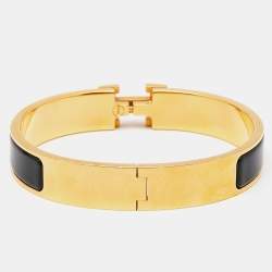 Pre Owned Hermes Clic H Black Enamel Gold Tone Metal Bracelet PM