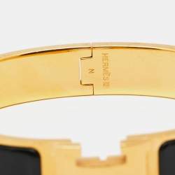 Pre Owned Hermes Clic H Black Enamel Gold Tone Metal Bracelet PM