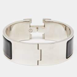 Pre Owned Hermès Clic Clac H Black Enamel Palladium Plated Wide Bracelet PM