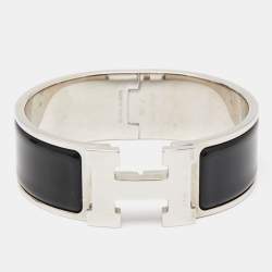 Pre Owned Hermès Clic Clac H Black Enamel Palladium Plated Wide Bracelet PM