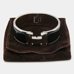 Pre Owned Hermès Clic Clac H Black Enamel Palladium Plated Wide Bracelet PM