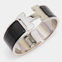 Pre Owned Hermès Clic Clac H Black Enamel Palladium Plated Wide Bracelet PM