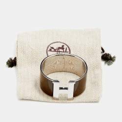Pre Owned Hermes Clic H Brown Enamel Palladium Plated Metal XL Bracelet