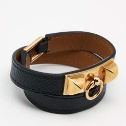 Pre Owned Hermes Rivale Black Leather Double Tour Bracelet XS