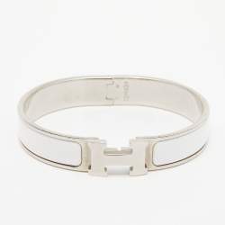 Pre Owned Hermes Clic H White Enamel Palladium Plated Metal Bracelet