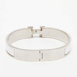 Pre Owned Hermes Clic H White Enamel Palladium Plated Metal Bracelet