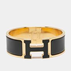 Pre Owned Hermes Clic H Black Enamel Gold Tone Metal Bracelet