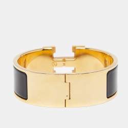 Pre Owned Hermes Clic H Black Enamel Gold Tone Metal Bracelet