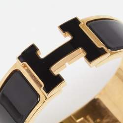 Pre Owned Hermes Clic H Black Enamel Gold Tone Metal Bracelet