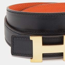 Pre Owned Hermes Black/Orange Chamonix And Epsom Leather Constance Reversible Belt 90CM