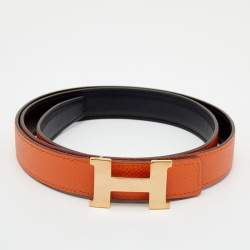 Pre Owned Hermes Black/Orange Chamonix And Epsom Leather Constance Reversible Belt 90CM