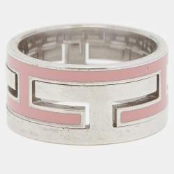 Pre Owned Hermès Sterling Silver Pink Enamel Move H Ring Size EU 52 